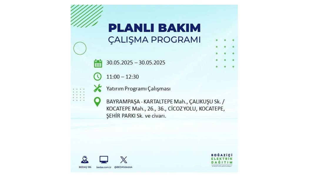 ELEKTRİKLER SAATLERCE OLMAYACAK: BEDAŞ 30 Mayıs Cuma günü elektrik kesintisi yaşayacak ilçeleri sıraladı 57