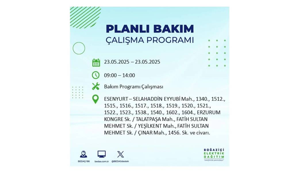 SAATLERCE ELEKTRİK OLMAYACAK: BEDAŞ 23 Mayıs Cuma günü o ilçelerde elektrik kesintisi yaşanacağını duyurdu! 41