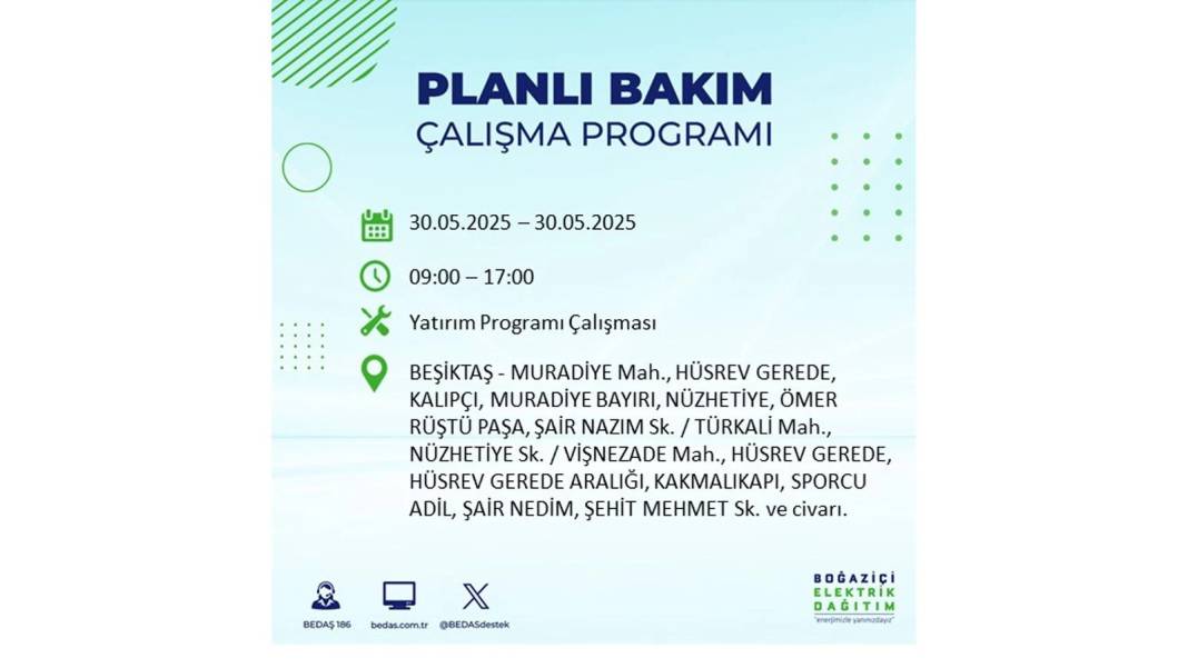 ELEKTRİKLER SAATLERCE OLMAYACAK: BEDAŞ 30 Mayıs Cuma günü elektrik kesintisi yaşayacak ilçeleri sıraladı 56