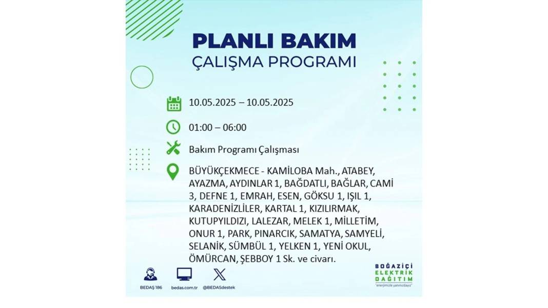 SAATLERCE ELEKTRİK OLMAYACAK: BEDAŞ 10 Mayıs Cumartesi günü elektrik kesintisi yaşayacak ilçeleri sıraladı 14