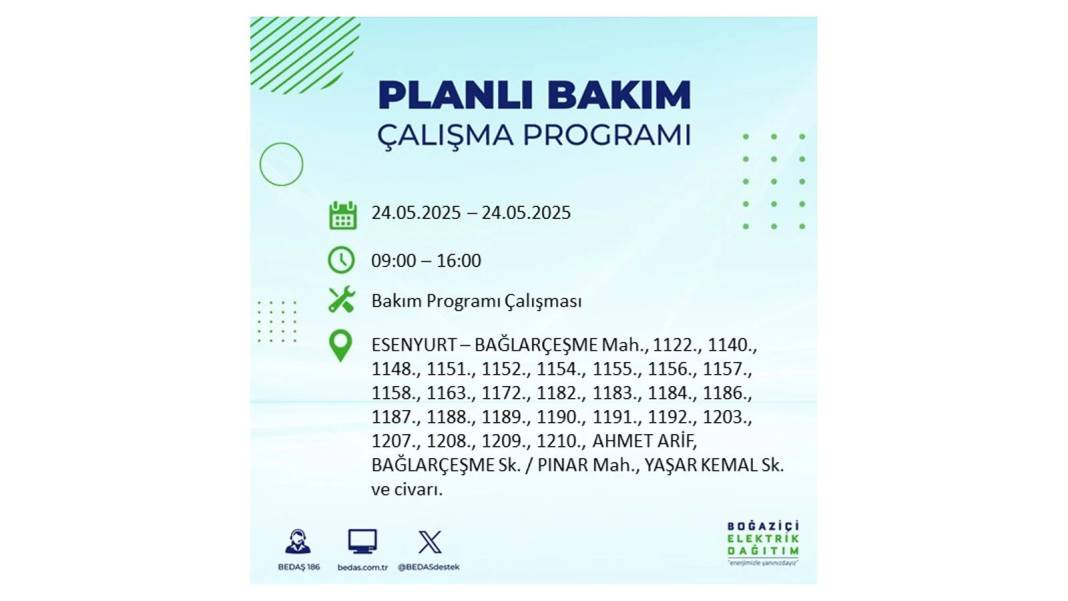 BÜYÜK KESİNTİ YAŞANACAK: BEDAŞ 24 Mayıs Cumartesi günü elektrik kesintisi yaşayacak ilçeleri sıraladı 11