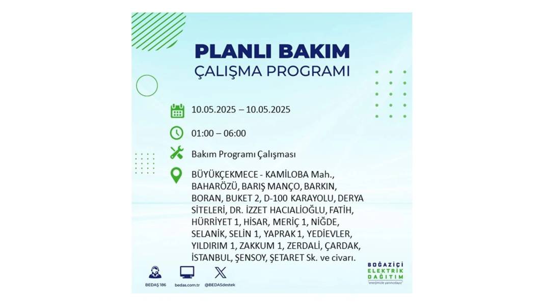 SAATLERCE ELEKTRİK OLMAYACAK: BEDAŞ 10 Mayıs Cumartesi günü elektrik kesintisi yaşayacak ilçeleri sıraladı 15