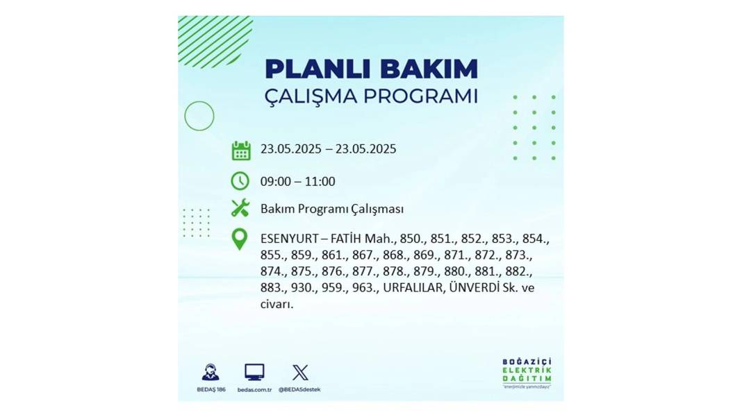 SAATLERCE ELEKTRİK OLMAYACAK: BEDAŞ 23 Mayıs Cuma günü o ilçelerde elektrik kesintisi yaşanacağını duyurdu! 42