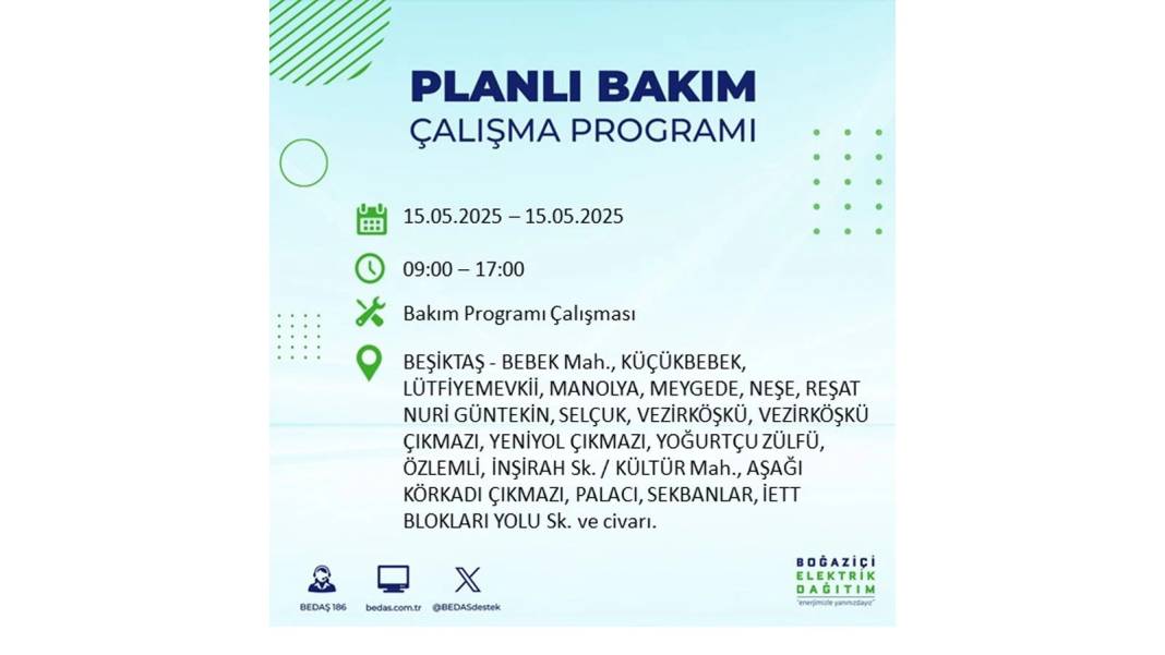 SAATLERCE ELEKTRİK OLMAYACAK: BEDAŞ 15 Mayıs Perşembe günü için o ilçeleri uyardı. Elektrikler ne zaman gelecek? 56