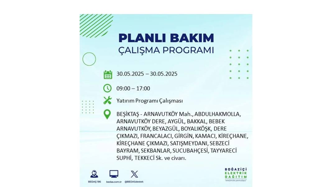 ELEKTRİKLER SAATLERCE OLMAYACAK: BEDAŞ 30 Mayıs Cuma günü elektrik kesintisi yaşayacak ilçeleri sıraladı 55