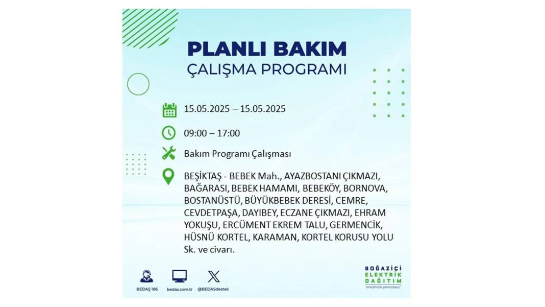 SAATLERCE ELEKTRİK OLMAYACAK: BEDAŞ 15 Mayıs Perşembe günü için o ilçeleri uyardı. Elektrikler ne zaman gelecek? 57