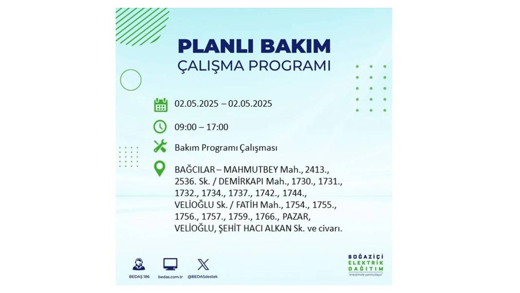 SAATLERCE ELEKTRİK OLMAYACAK: 2 Mayıs Cuma İstanbul elektrik kesintisi. BEDAŞ o ilçeleri sıraladı 78
