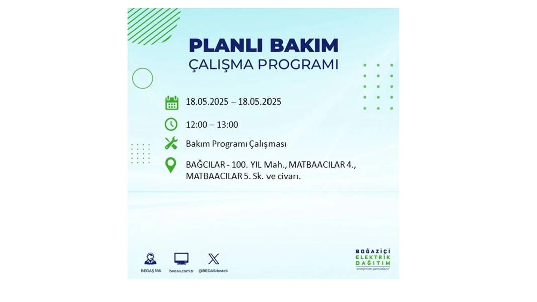 PAZAR GÜNÜ O İLÇELERDE ELEKTRİK OLMAYACAK: BEDAŞ 18 Mayıs Pazar günü elektrik kesintisi yaşayacak ilçeleri sıraladı! 8