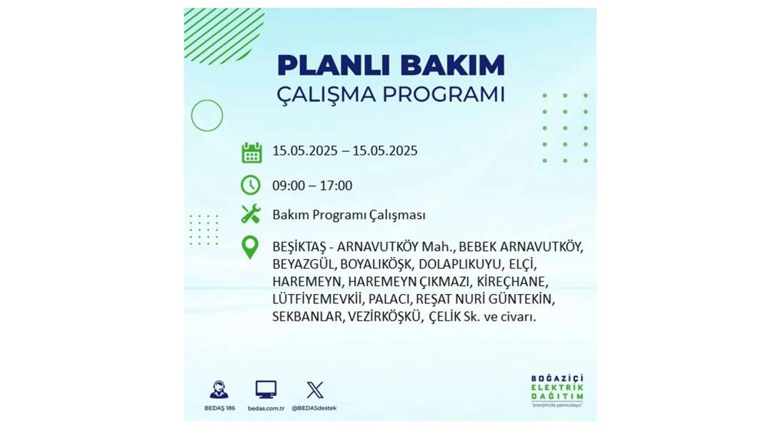 SAATLERCE ELEKTRİK OLMAYACAK: BEDAŞ 15 Mayıs Perşembe günü için o ilçeleri uyardı. Elektrikler ne zaman gelecek? 58