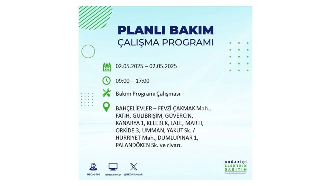 SAATLERCE ELEKTRİK OLMAYACAK: 2 Mayıs Cuma İstanbul elektrik kesintisi. BEDAŞ o ilçeleri sıraladı 77
