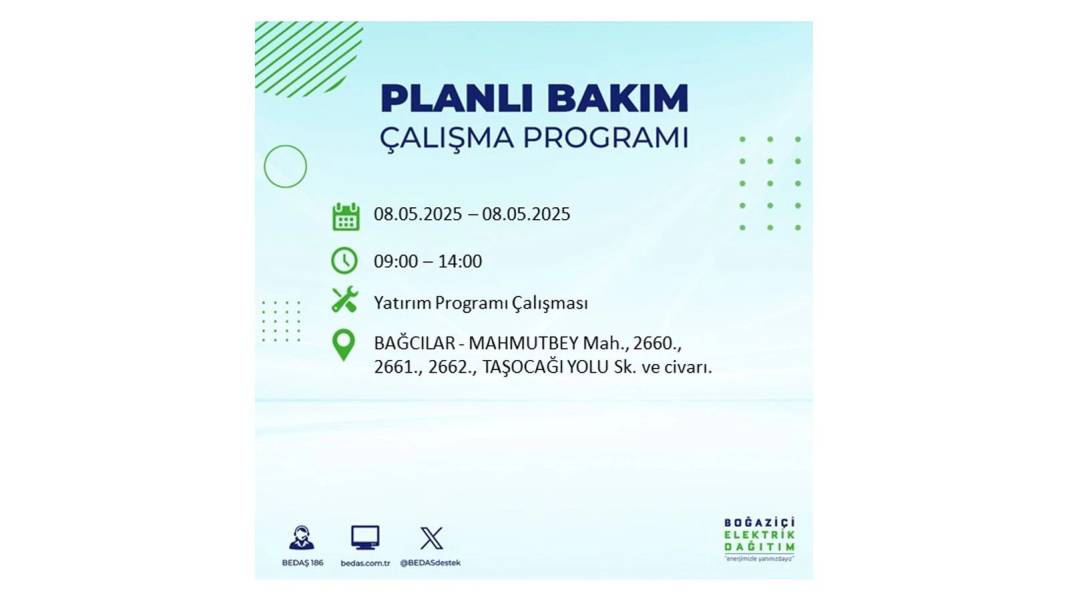 BÜYÜK ELEKTRİK KESİNTİSİ YAŞANACAK: 8 Mayıs Perşembe İstanbul elektrik kesintisi. BEDAŞ o ilçeleri uyardı! 79