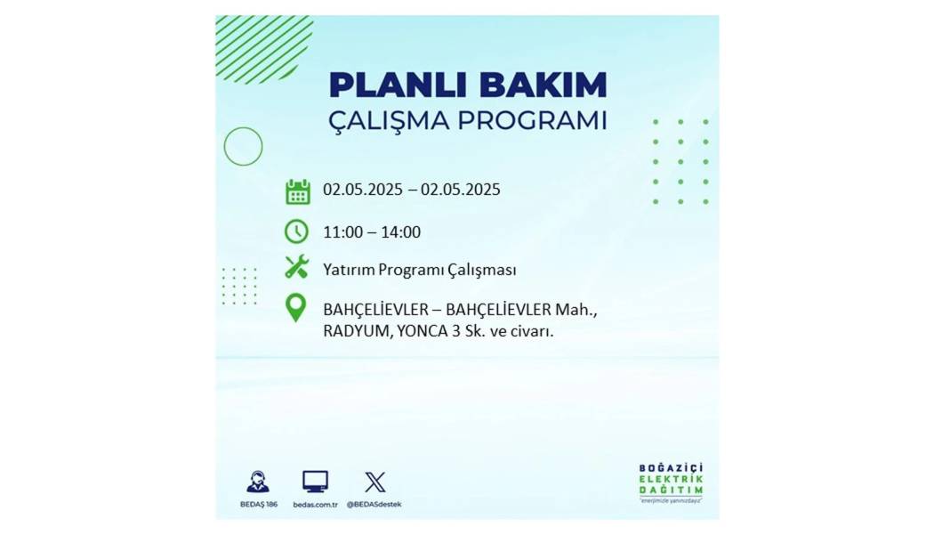 SAATLERCE ELEKTRİK OLMAYACAK: 2 Mayıs Cuma İstanbul elektrik kesintisi. BEDAŞ o ilçeleri sıraladı 74