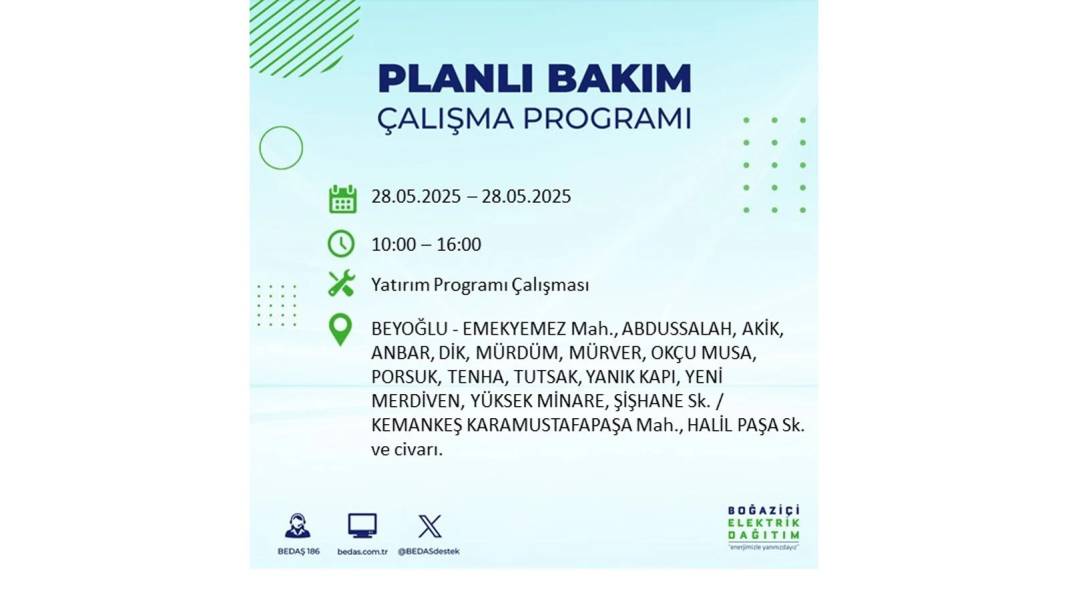 SAATLERCE ELEKTRİK OLMAYACAK: BEDAŞ 28 Mayıs Çarşamba elektrik kesintisi yaşayacak ilçeleri sıraladı 55