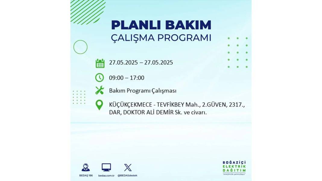 SAATLERCE ELEKTRİK OLMAYACAK: BEDAŞ 27 Mayıs Salı elektrik kesintisi yaşayacak ilçeleri uyardı! 70