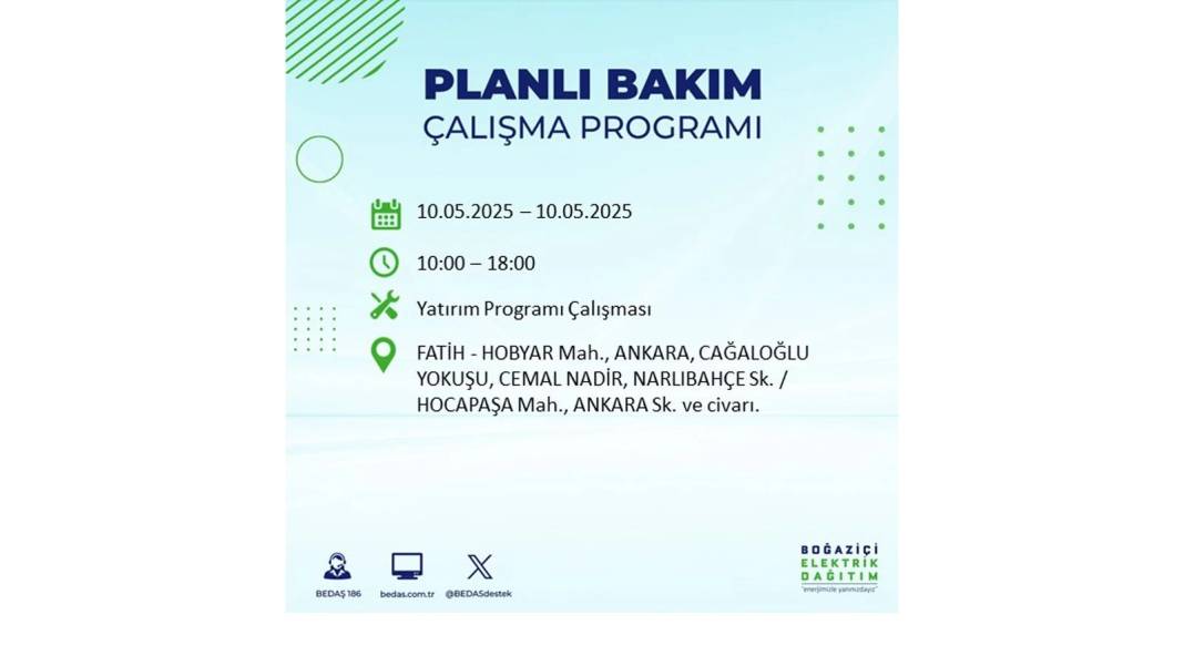 SAATLERCE ELEKTRİK OLMAYACAK: BEDAŞ 10 Mayıs Cumartesi günü elektrik kesintisi yaşayacak ilçeleri sıraladı 9