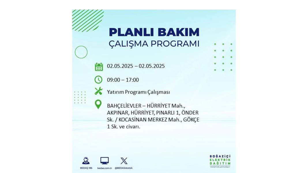 SAATLERCE ELEKTRİK OLMAYACAK: 2 Mayıs Cuma İstanbul elektrik kesintisi. BEDAŞ o ilçeleri sıraladı 73