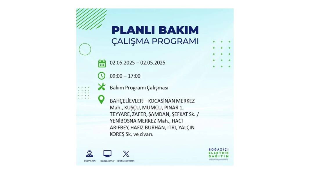 SAATLERCE ELEKTRİK OLMAYACAK: 2 Mayıs Cuma İstanbul elektrik kesintisi. BEDAŞ o ilçeleri sıraladı 71