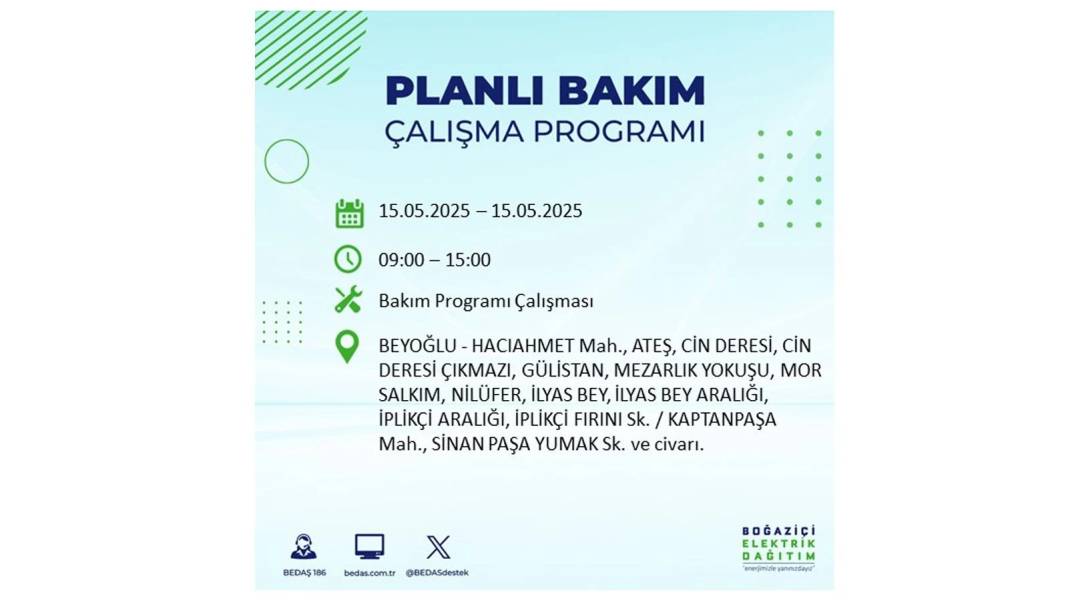 SAATLERCE ELEKTRİK OLMAYACAK: BEDAŞ 15 Mayıs Perşembe günü için o ilçeleri uyardı. Elektrikler ne zaman gelecek? 52