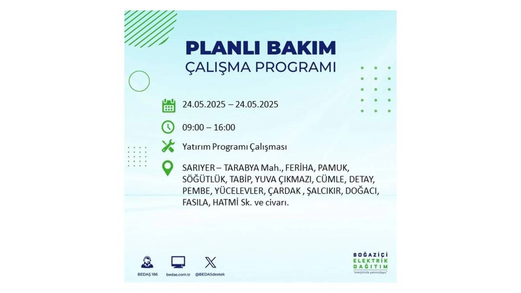 BÜYÜK KESİNTİ YAŞANACAK: BEDAŞ 24 Mayıs Cumartesi günü elektrik kesintisi yaşayacak ilçeleri sıraladı 8