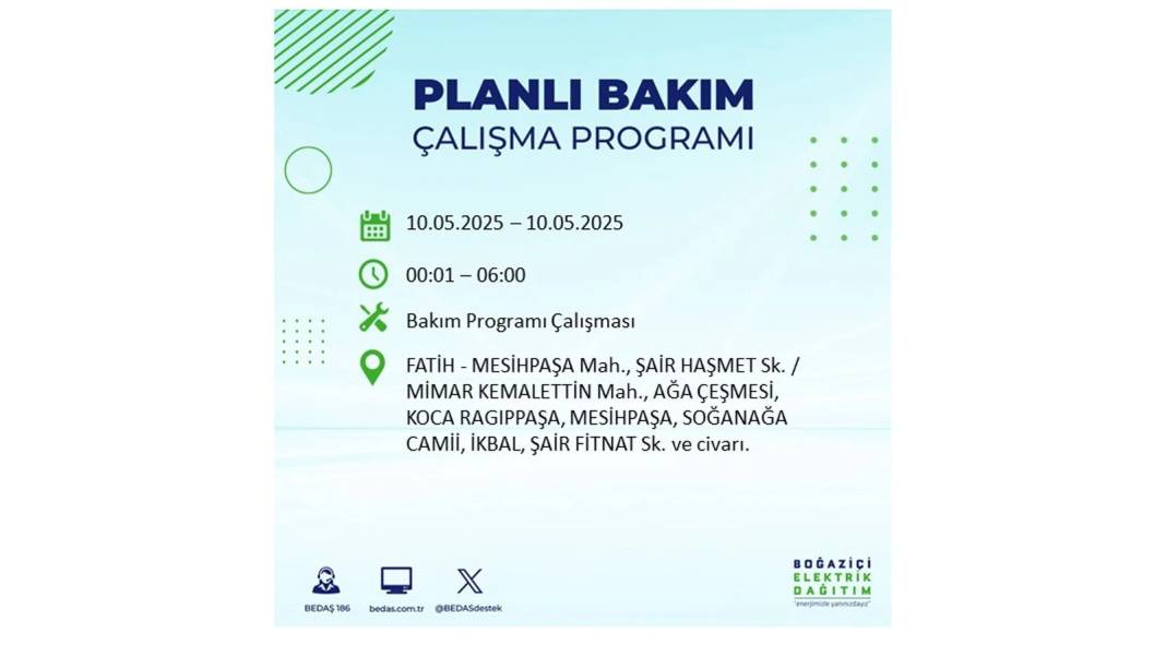SAATLERCE ELEKTRİK OLMAYACAK: BEDAŞ 10 Mayıs Cumartesi günü elektrik kesintisi yaşayacak ilçeleri sıraladı 10