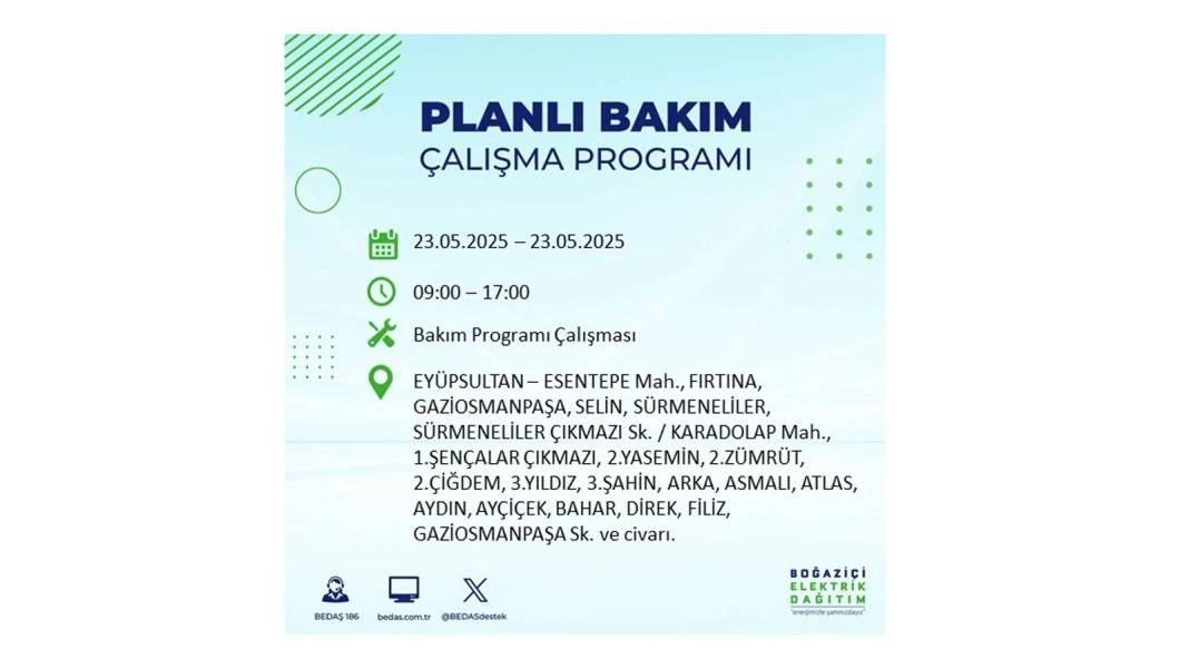 SAATLERCE ELEKTRİK OLMAYACAK: BEDAŞ 23 Mayıs Cuma günü o ilçelerde elektrik kesintisi yaşanacağını duyurdu! 33