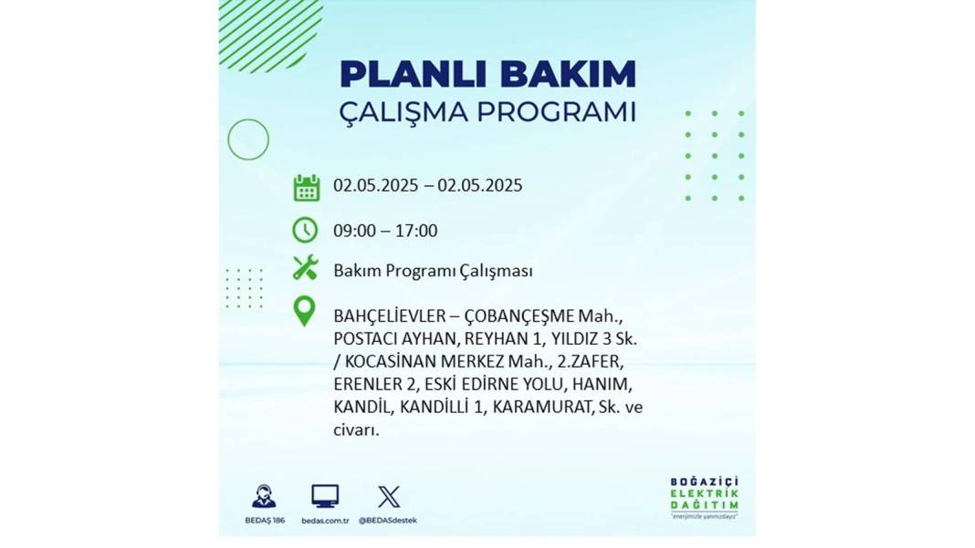 SAATLERCE ELEKTRİK OLMAYACAK: 2 Mayıs Cuma İstanbul elektrik kesintisi. BEDAŞ o ilçeleri sıraladı 66