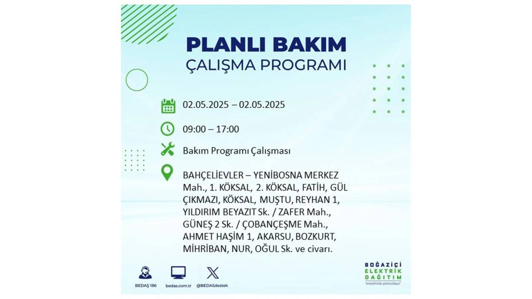 SAATLERCE ELEKTRİK OLMAYACAK: 2 Mayıs Cuma İstanbul elektrik kesintisi. BEDAŞ o ilçeleri sıraladı 67