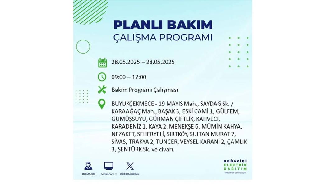 SAATLERCE ELEKTRİK OLMAYACAK: BEDAŞ 28 Mayıs Çarşamba elektrik kesintisi yaşayacak ilçeleri sıraladı 50