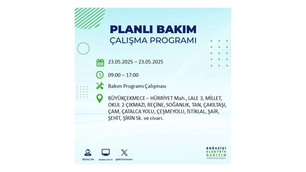 SAATLERCE ELEKTRİK OLMAYACAK: BEDAŞ 23 Mayıs Cuma günü o ilçelerde elektrik kesintisi yaşanacağını duyurdu! 30