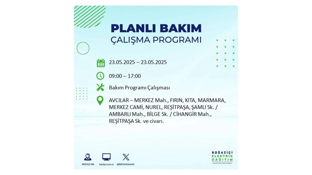 SAATLERCE ELEKTRİK OLMAYACAK: BEDAŞ 23 Mayıs Cuma günü o ilçelerde elektrik kesintisi yaşanacağını duyurdu! 56