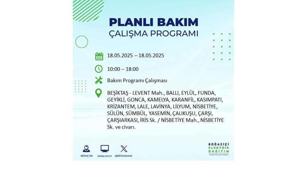 PAZAR GÜNÜ O İLÇELERDE ELEKTRİK OLMAYACAK: BEDAŞ 18 Mayıs Pazar günü elektrik kesintisi yaşayacak ilçeleri sıraladı! 7