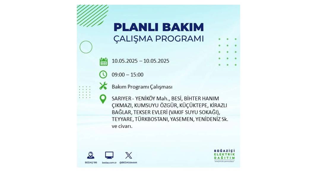 SAATLERCE ELEKTRİK OLMAYACAK: BEDAŞ 10 Mayıs Cumartesi günü elektrik kesintisi yaşayacak ilçeleri sıraladı 3