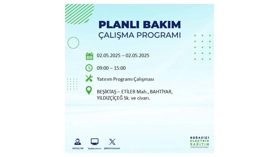 SAATLERCE ELEKTRİK OLMAYACAK: 2 Mayıs Cuma İstanbul elektrik kesintisi. BEDAŞ o ilçeleri sıraladı 61
