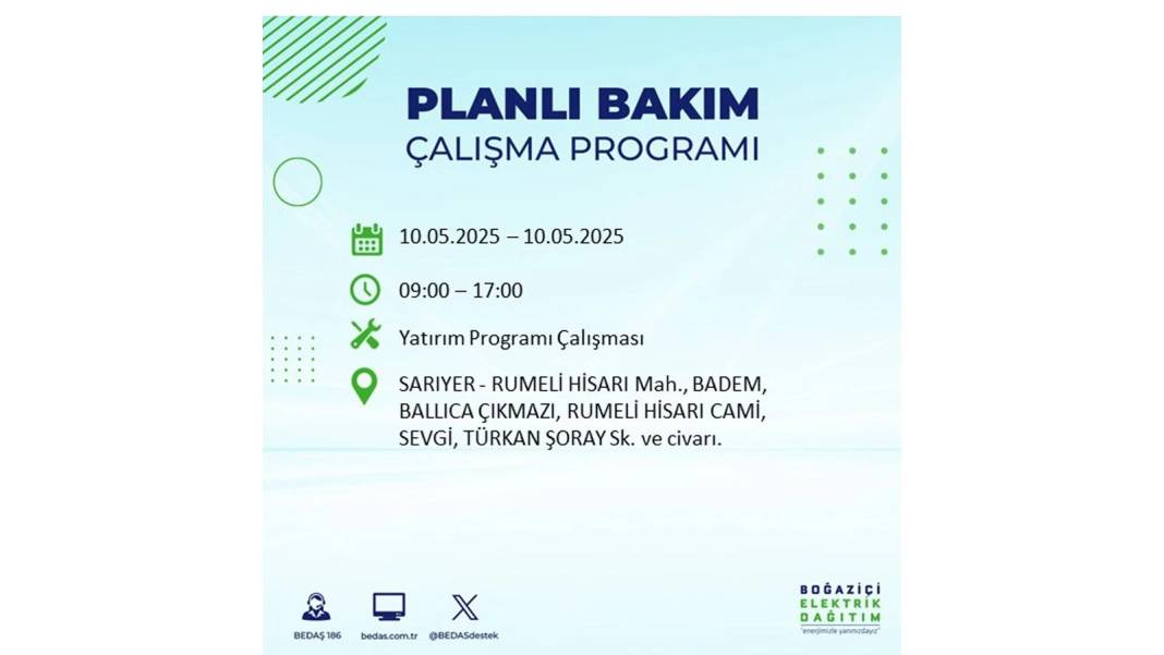SAATLERCE ELEKTRİK OLMAYACAK: BEDAŞ 10 Mayıs Cumartesi günü elektrik kesintisi yaşayacak ilçeleri sıraladı 4