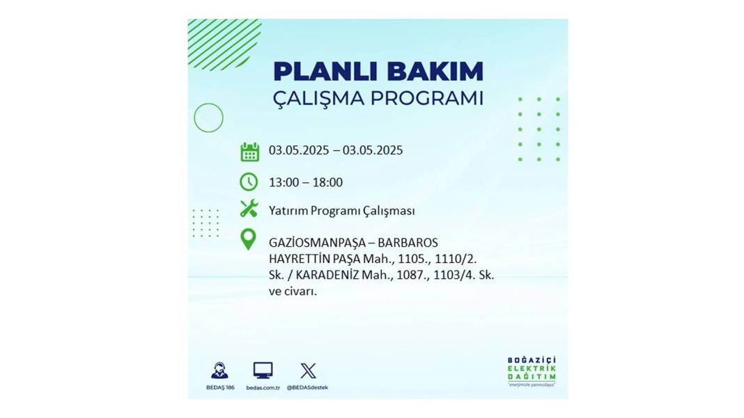 KARANLIĞA GÖMÜLECEKLER: 3 Mayıs Cumartesi elektrik kesintisi yaşayacak ilçeler belli oldu. BEDAŞ o ilçeleri uyardı! 16