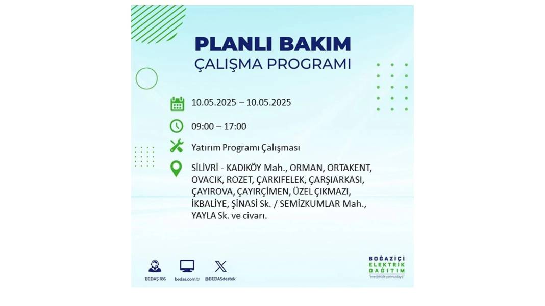 SAATLERCE ELEKTRİK OLMAYACAK: BEDAŞ 10 Mayıs Cumartesi günü elektrik kesintisi yaşayacak ilçeleri sıraladı 1
