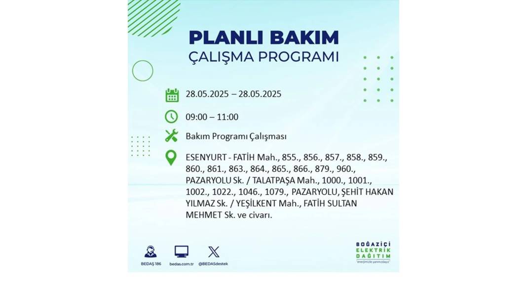 SAATLERCE ELEKTRİK OLMAYACAK: BEDAŞ 28 Mayıs Çarşamba elektrik kesintisi yaşayacak ilçeleri sıraladı 45