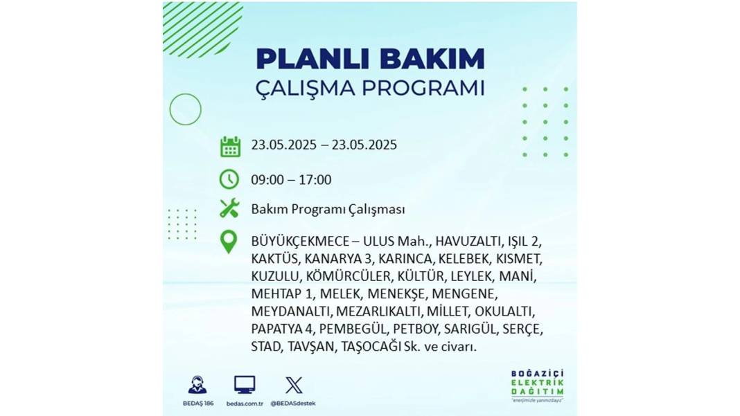 SAATLERCE ELEKTRİK OLMAYACAK: BEDAŞ 23 Mayıs Cuma günü o ilçelerde elektrik kesintisi yaşanacağını duyurdu! 25