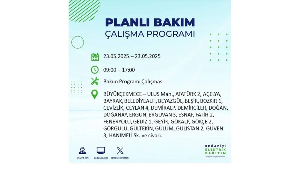 SAATLERCE ELEKTRİK OLMAYACAK: BEDAŞ 23 Mayıs Cuma günü o ilçelerde elektrik kesintisi yaşanacağını duyurdu! 24