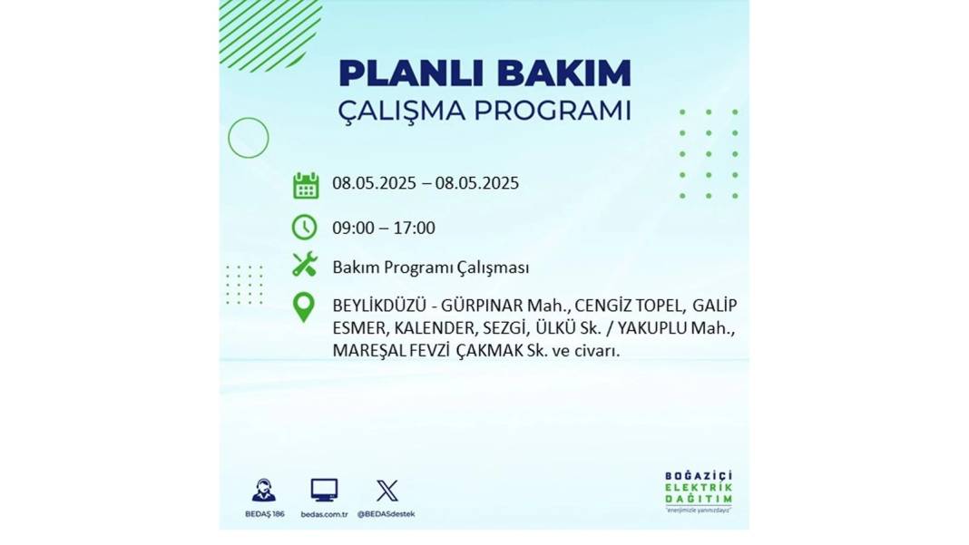 BÜYÜK ELEKTRİK KESİNTİSİ YAŞANACAK: 8 Mayıs Perşembe İstanbul elektrik kesintisi. BEDAŞ o ilçeleri uyardı! 65