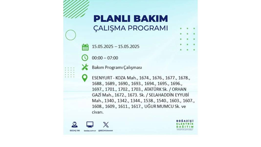 SAATLERCE ELEKTRİK OLMAYACAK: BEDAŞ 15 Mayıs Perşembe günü için o ilçeleri uyardı. Elektrikler ne zaman gelecek? 40
