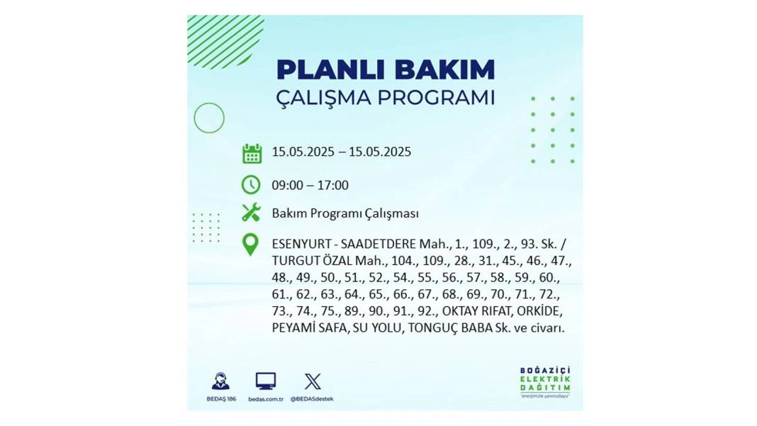 SAATLERCE ELEKTRİK OLMAYACAK: BEDAŞ 15 Mayıs Perşembe günü için o ilçeleri uyardı. Elektrikler ne zaman gelecek? 39