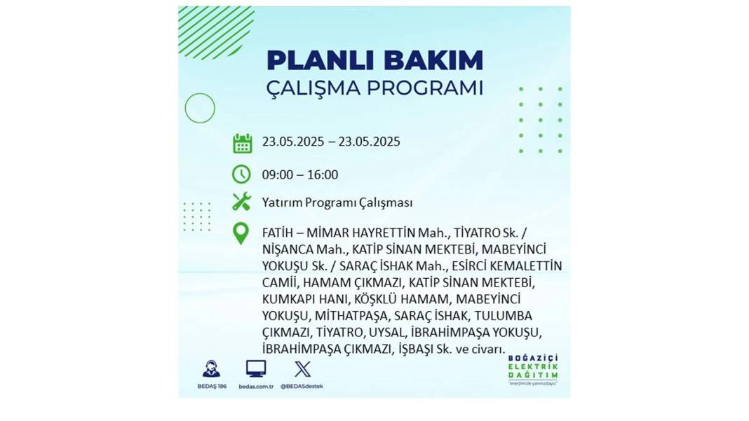 SAATLERCE ELEKTRİK OLMAYACAK: BEDAŞ 23 Mayıs Cuma günü o ilçelerde elektrik kesintisi yaşanacağını duyurdu! 21