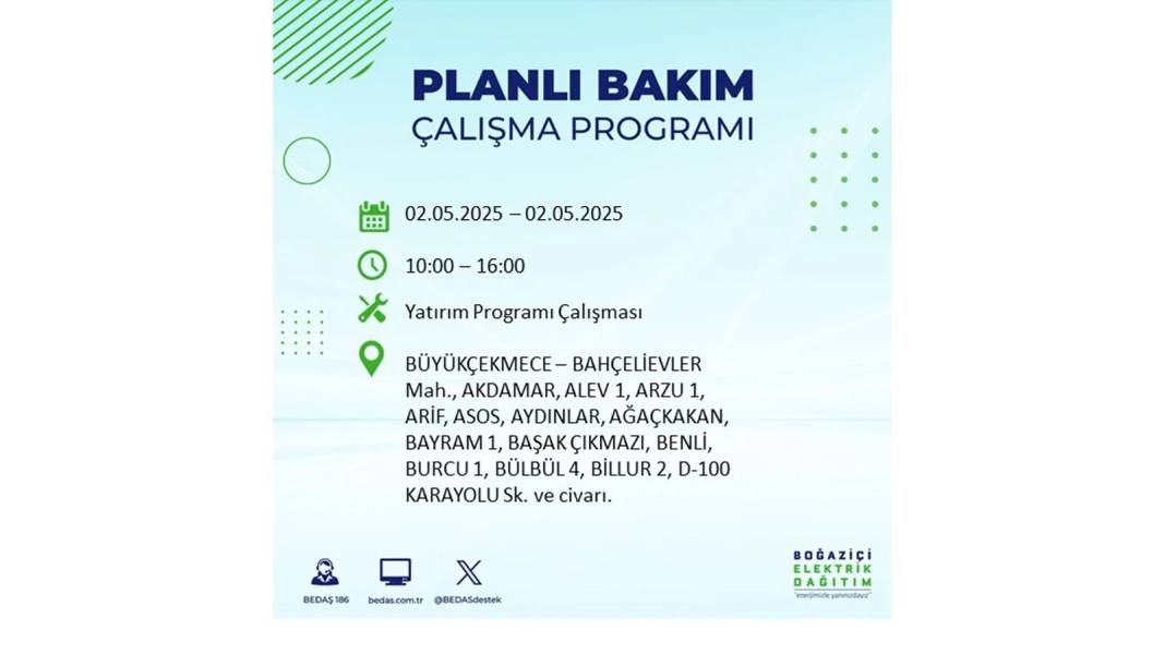 SAATLERCE ELEKTRİK OLMAYACAK: 2 Mayıs Cuma İstanbul elektrik kesintisi. BEDAŞ o ilçeleri sıraladı 58