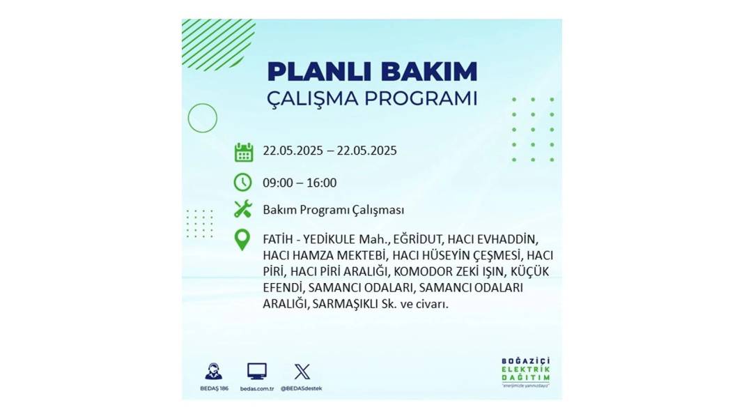 BÜYÜK KESİNTİ YAŞANACAK: 22 Mayıs Perşembe İstanbul elektrik kesintisi. BEDAŞ elektrik kesintisi yaşayacak ilçeleri sıraladı 32