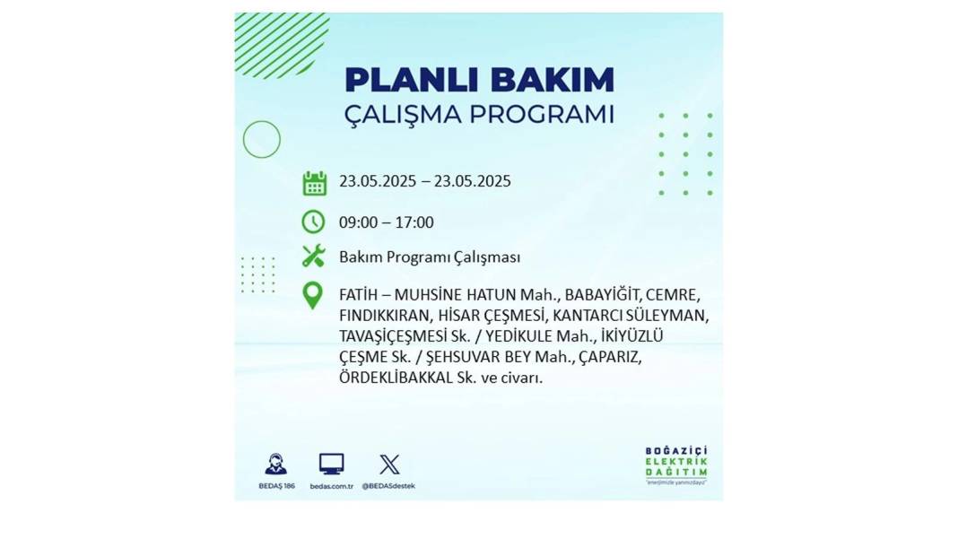 SAATLERCE ELEKTRİK OLMAYACAK: BEDAŞ 23 Mayıs Cuma günü o ilçelerde elektrik kesintisi yaşanacağını duyurdu! 20