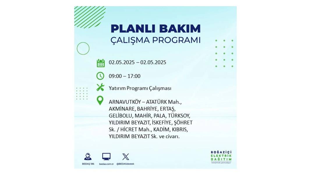 SAATLERCE ELEKTRİK OLMAYACAK: 2 Mayıs Cuma İstanbul elektrik kesintisi. BEDAŞ o ilçeleri sıraladı 95