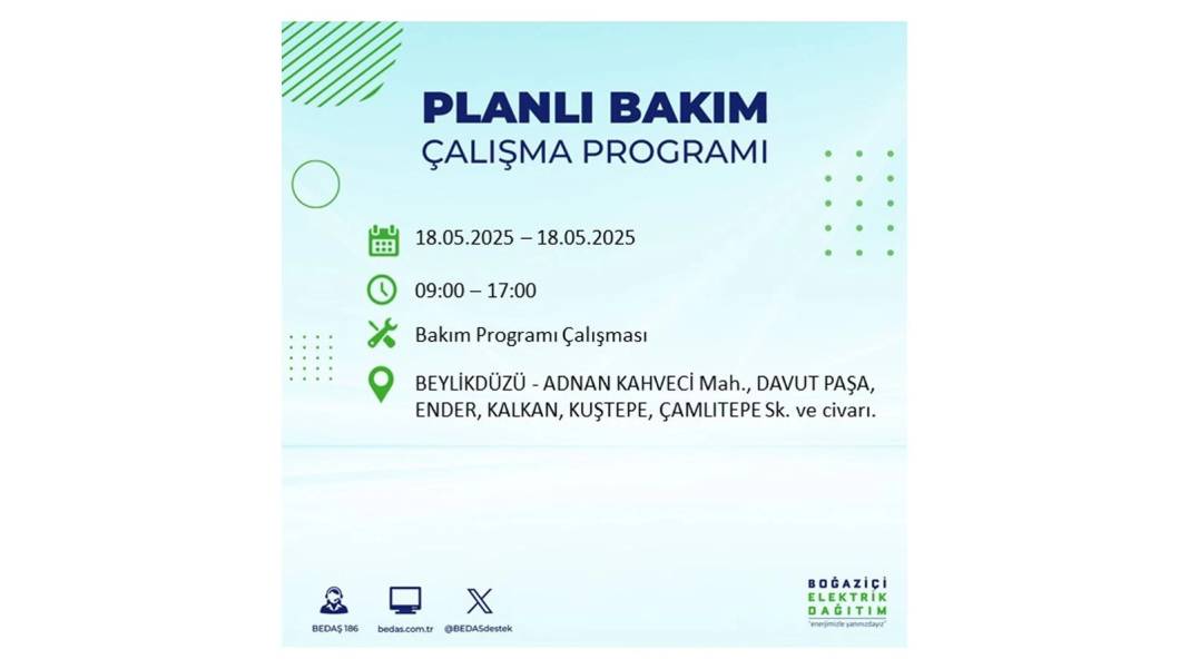 PAZAR GÜNÜ O İLÇELERDE ELEKTRİK OLMAYACAK: BEDAŞ 18 Mayıs Pazar günü elektrik kesintisi yaşayacak ilçeleri sıraladı! 9