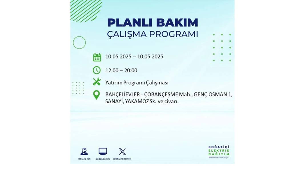 SAATLERCE ELEKTRİK OLMAYACAK: BEDAŞ 10 Mayıs Cumartesi günü elektrik kesintisi yaşayacak ilçeleri sıraladı 31