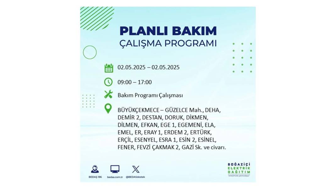 SAATLERCE ELEKTRİK OLMAYACAK: 2 Mayıs Cuma İstanbul elektrik kesintisi. BEDAŞ o ilçeleri sıraladı 59